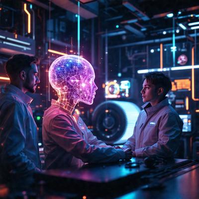 The primary subject of the image is a futuristic robot with a human-like head, which appears to be a cyborg. The robot is standing in a room with two men, who are also wearing white lab coats. The setting is a laboratory or a factory, as indicated by the presence of a large machine in the background. The visual style of the image is a combination of digital art and illustration, creating a unique and intriguing scene. The dominant colors in the image are purple and blue, which contribute to the futuristic and technological atmosphere.